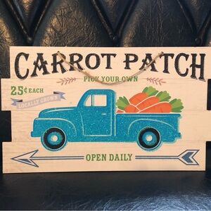 7529 Spring Carrot Patch VTG Blue Farm Truck Wood Sign Glittery Blue.